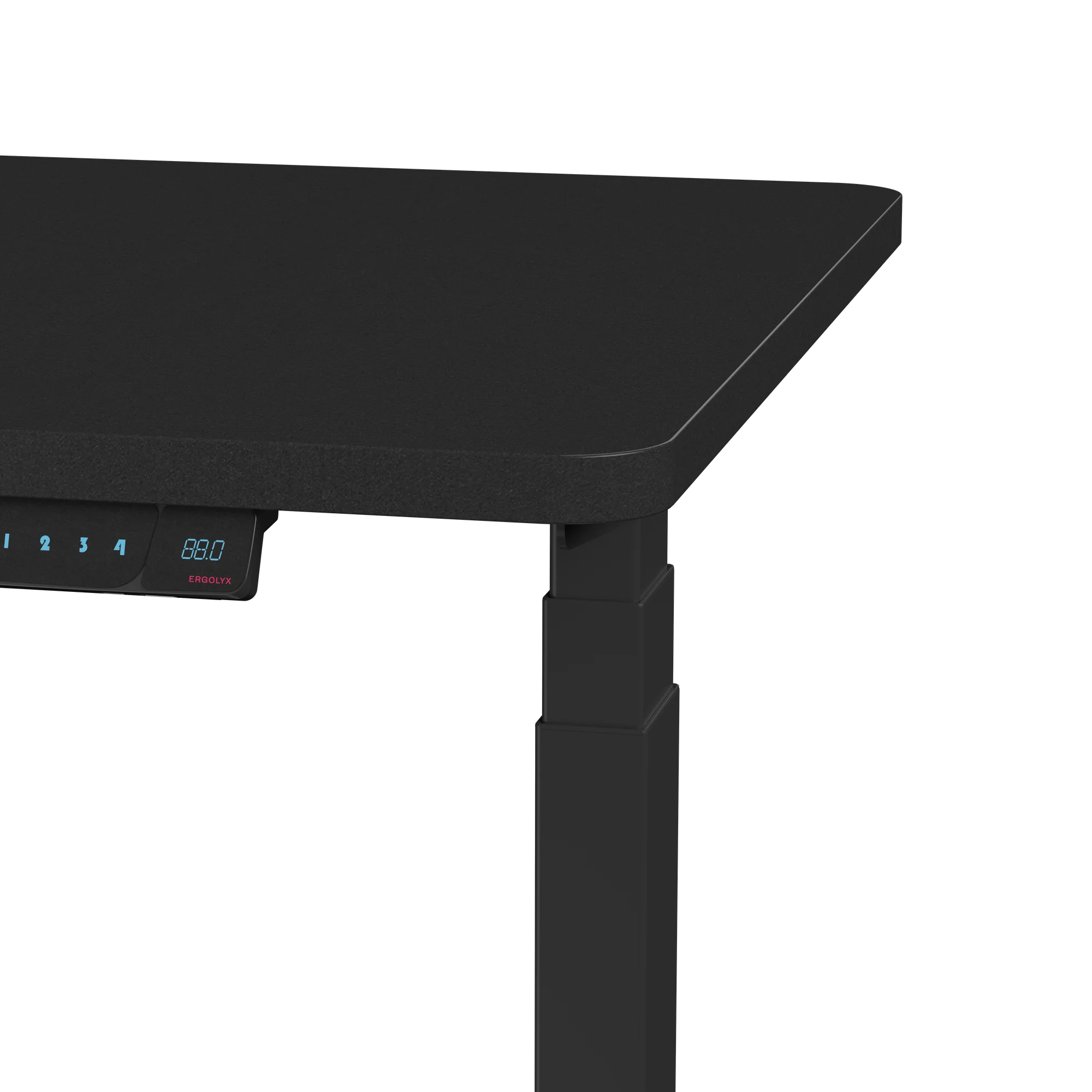 Close-up of the Ergolyx Desk with black tabletop and black frame